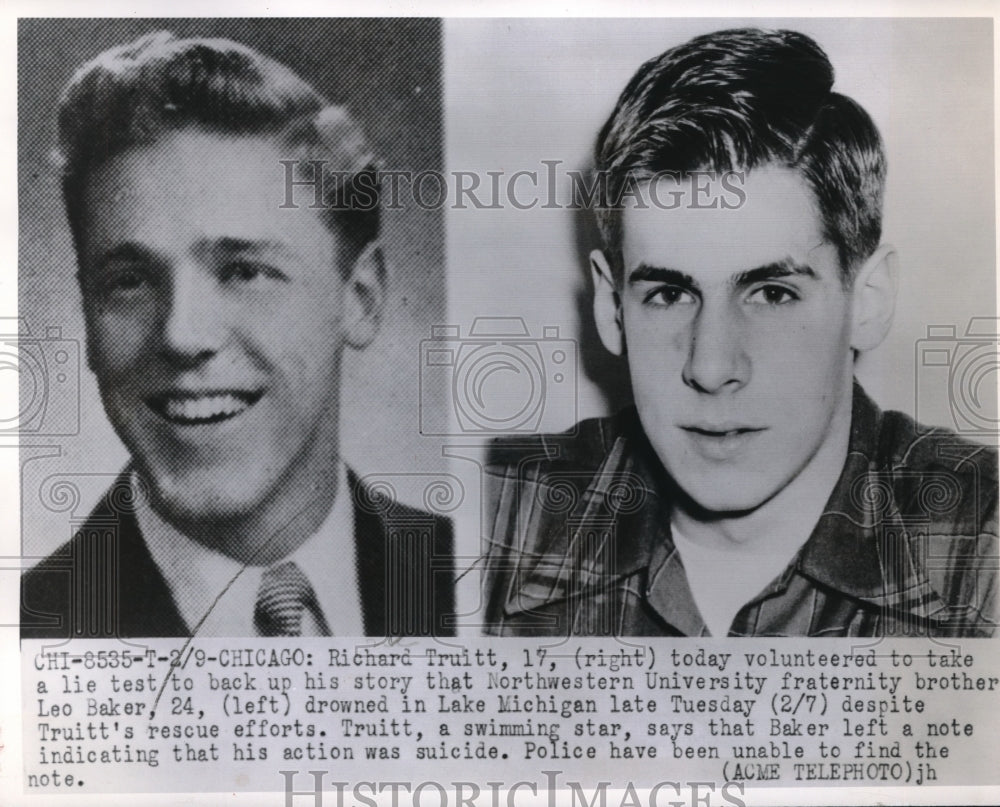 1950 Press Photo Richard Truitt and Leo Baker Who Drowned of Northwester Univ. - Historic Images