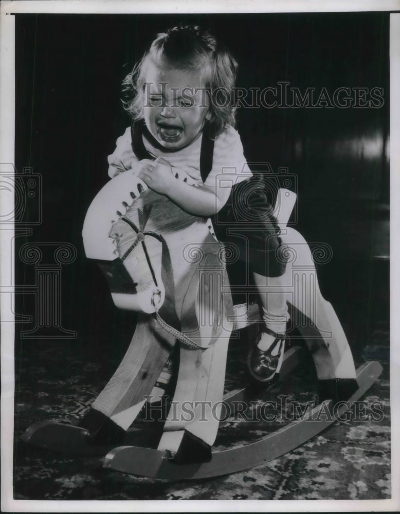 1952 Press Photo 18 month old Conny Sahlin riding a Rocking Horse - Historic Images