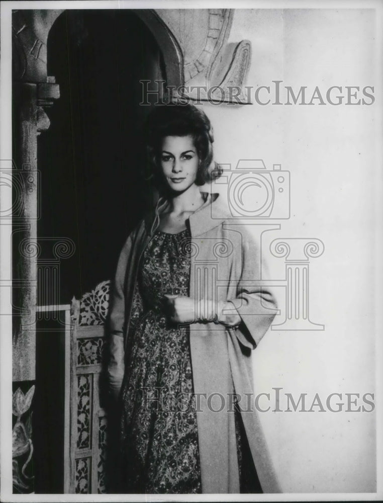 Press Photo Model Wearing Print Dress With Stand Up Collar Jacket - nec49609 - Historic Images