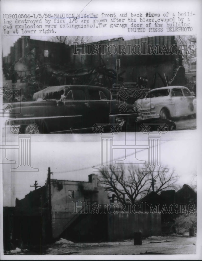 1958 Press Photo Fire caused by gas explosion in Madison, Wis. - Historic Images