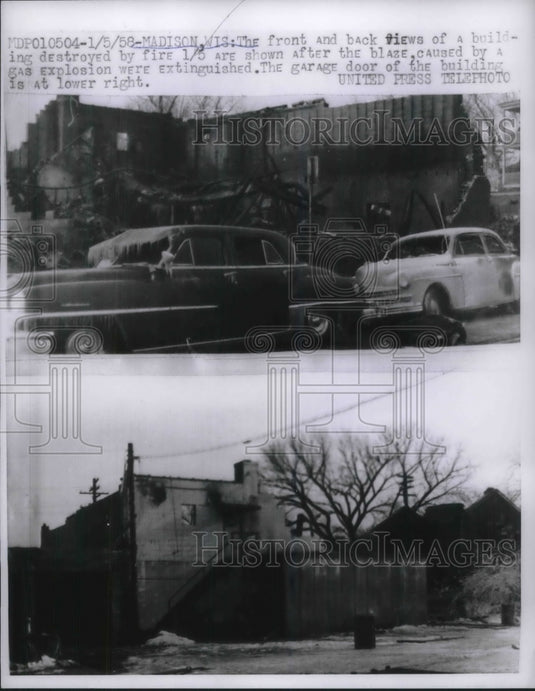 1958 Press Photo Fire caused by gas explosion in Madison, Wis. - Historic Images
