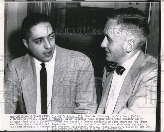 1956 Press Photo Seattle, Wash. Irving August & atty Rbt Winsor for security - Historic Images