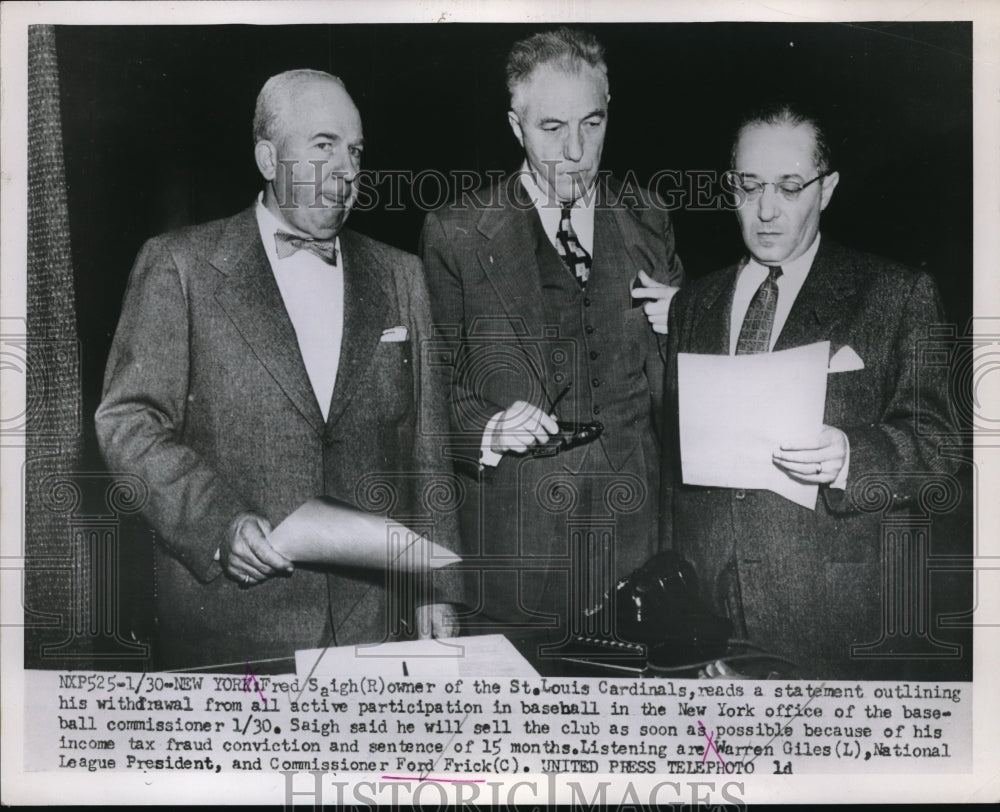 1953 Press Photo NYC, Fred Saigh, St Louis Cards owner,Comm Ford Frick,W Giles - Historic Images