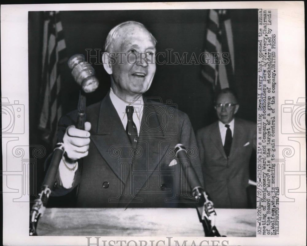 1955 Press Photo Chicago,Sewell Avery at Montgomery Ward stockholder meeting - Historic Images