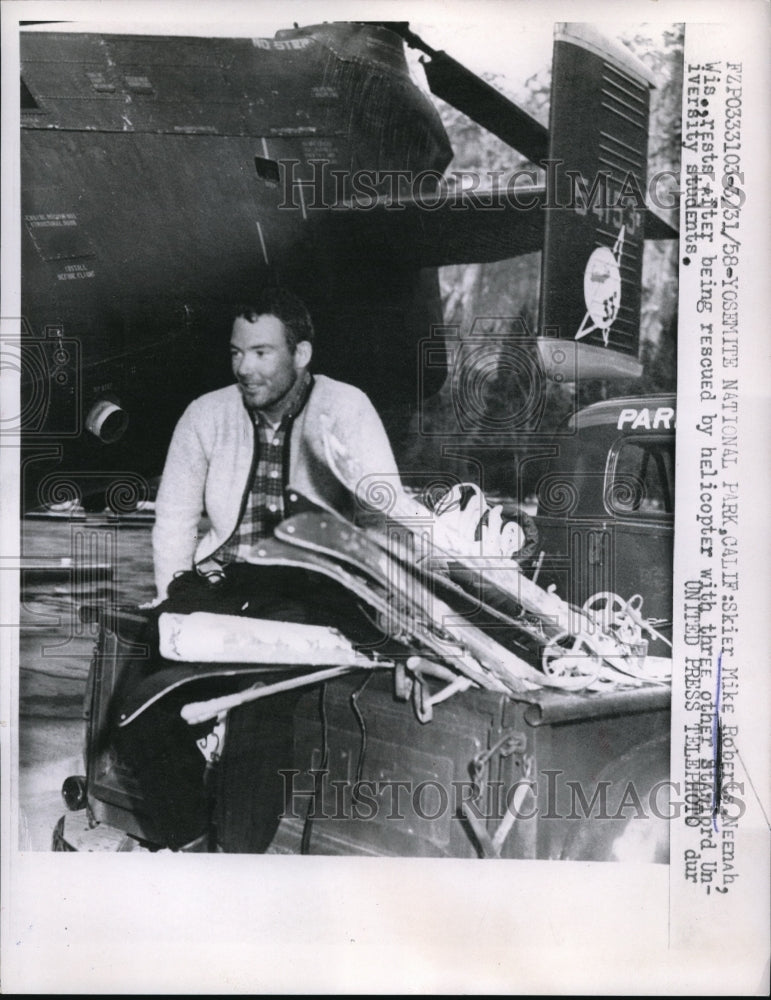 1958 Press Photo Skier Mike Roberts rest after rescued at Yosemite Nat&#39;l Park - Historic Images