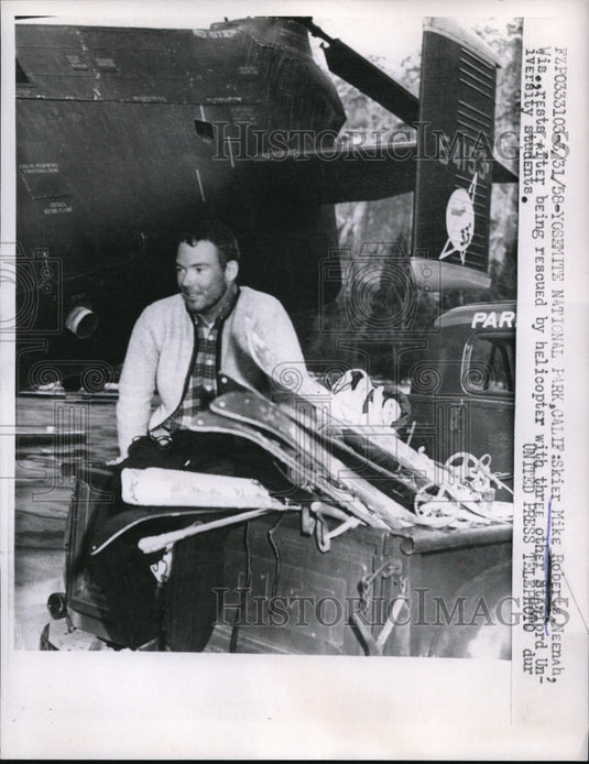 1958 Press Photo Skier Mike Roberts rest after rescued at Yosemite Nat'l Park - Historic Images