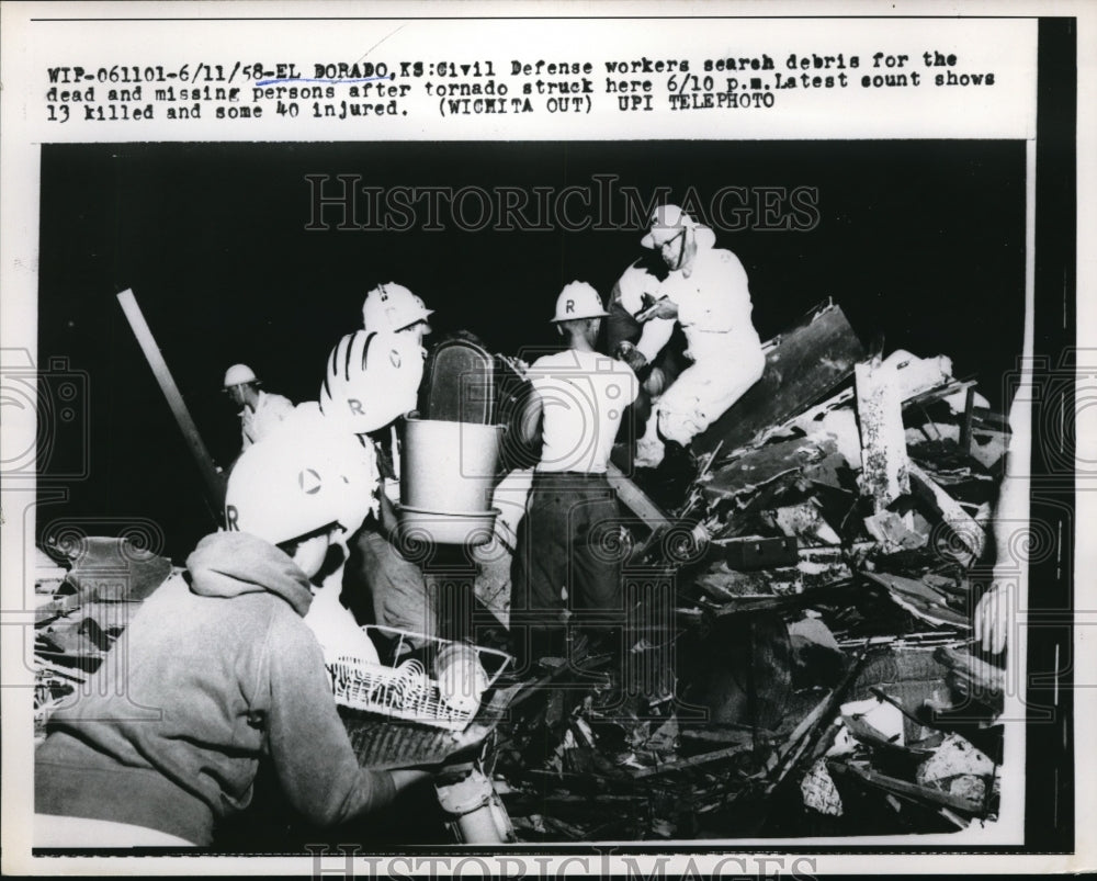 1958 Press Photo Civil Defense Workers Search Debris for Dead and Missing People - Historic Images