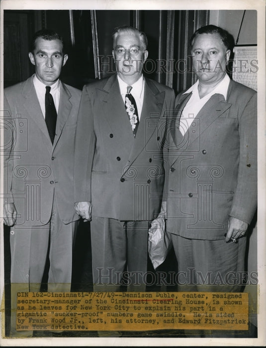 1949 Press Photo Dennis Duble to explain part in numbers game swindle in NY - Historic Images