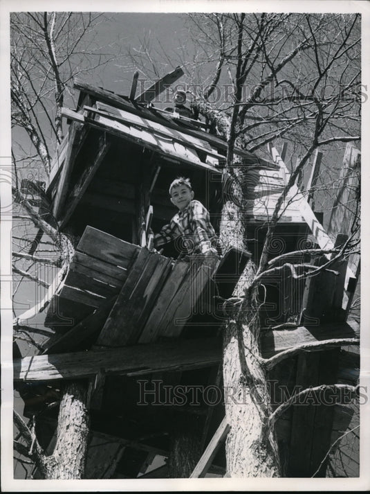 1957 Press Photo Fred Spanok & brother Paul in their rambling 2-story tree house - Historic Images