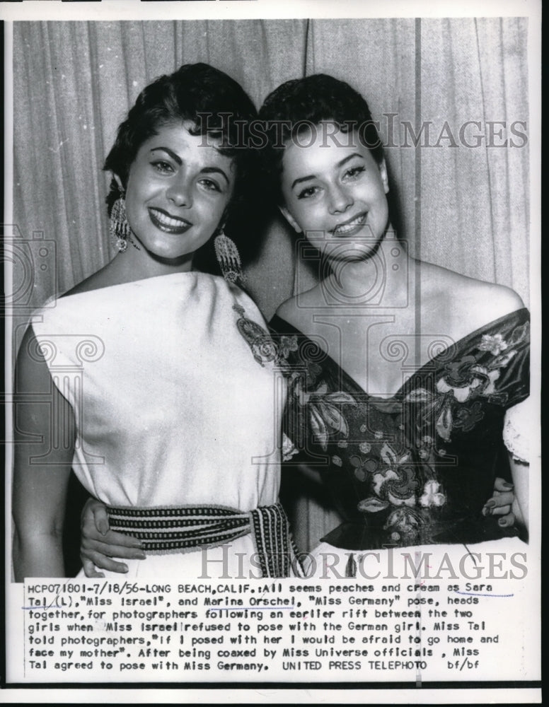 1956 Sara Tal, Ms.Israel &amp; Marina Orschel, Ms.Germany posed together - Historic Images