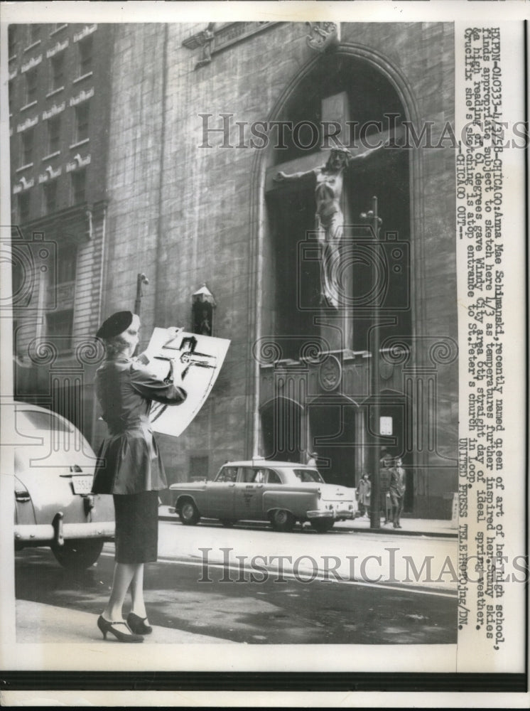 1958 Press Photo Artist Ann Mae Schimanski sketching atop entrance of St.Peter. - Historic Images