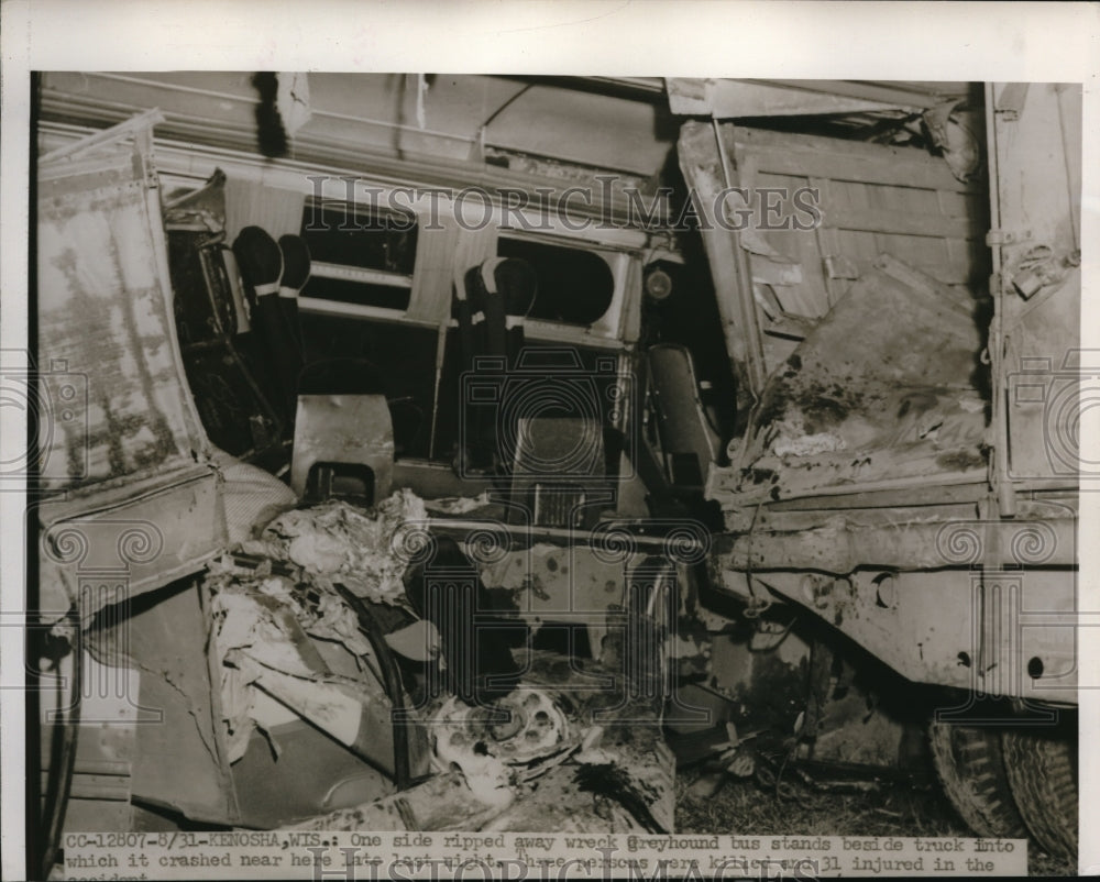 1951 Press Photo Kenosha, Wis wreckage of Greyhound bus with a truck - nec57901 - Historic Images