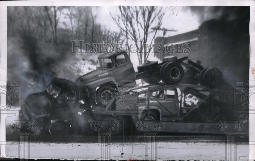 1956 Press Photo 3 killed and 4 injured when a car slide and crashed on icy road - Historic Images