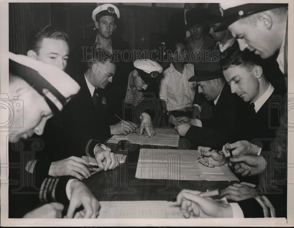 1936 Officers of Dollar Liner Pres. Hoover singning on a Crew. - Historic Images