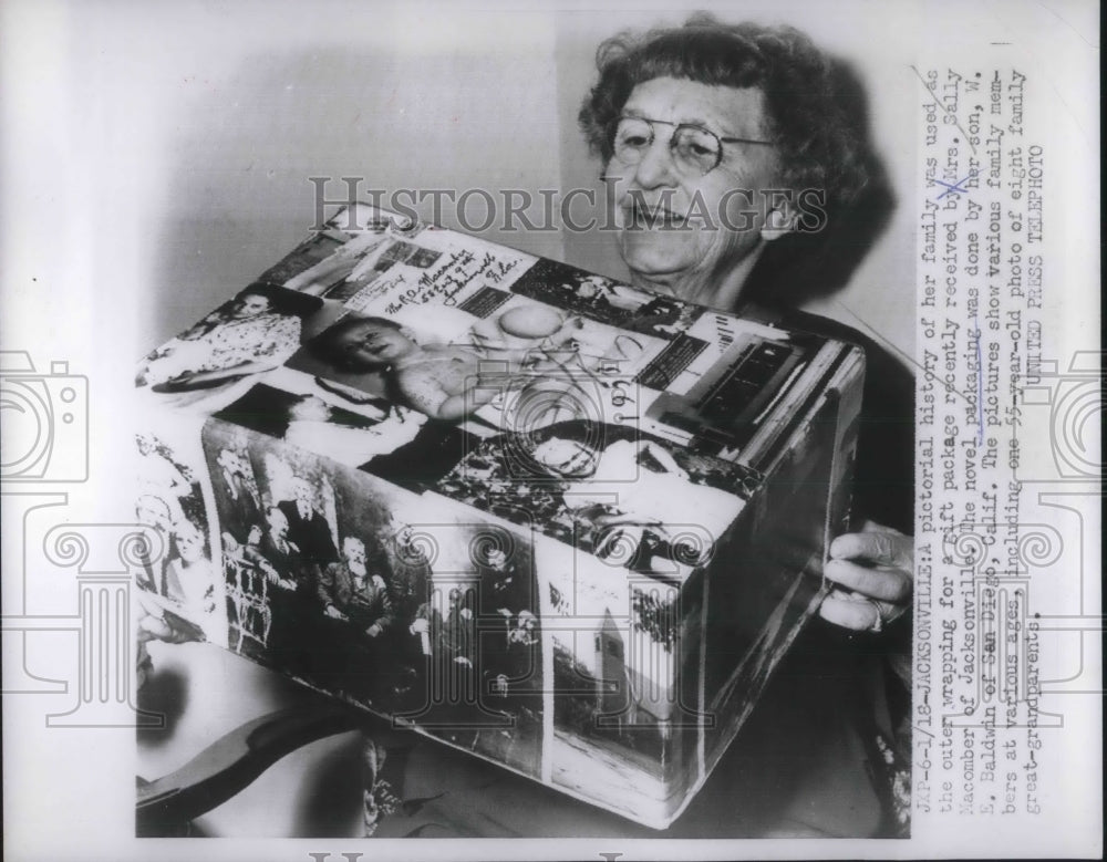 Press Photo Mrs Sally Macomber &amp; Package Son Sent Wrapped in Photos of Family - Historic Images