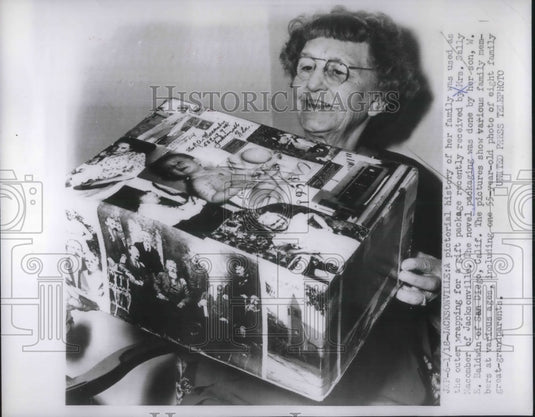 Press Photo Mrs Sally Macomber & Package Son Sent Wrapped in Photos of Family - Historic Images