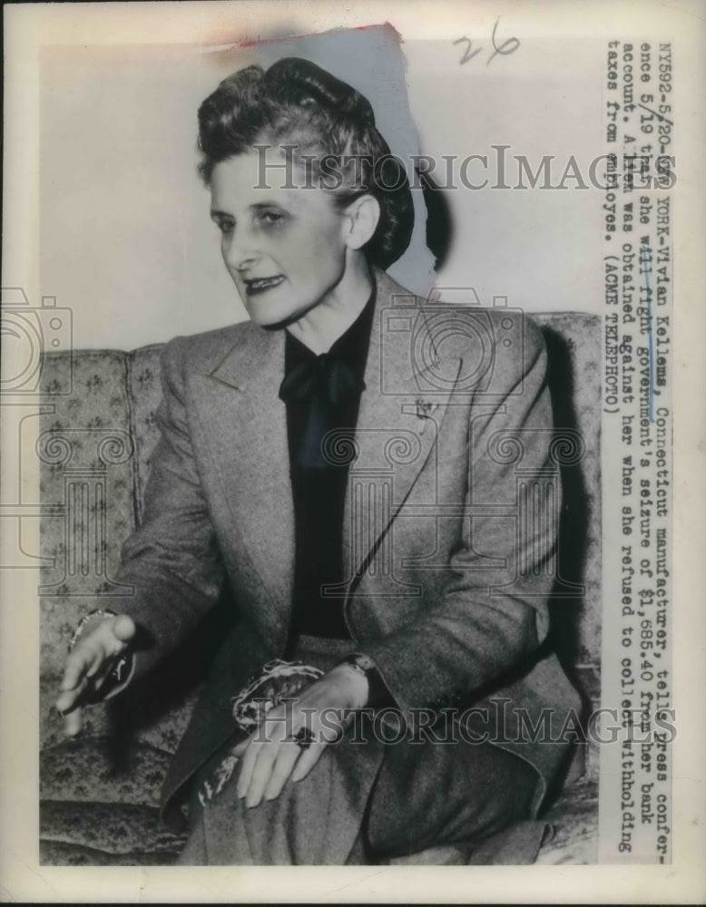 1948 Press Photo Vivian Kellems Connecticut manufacturer at press conference - Historic Images