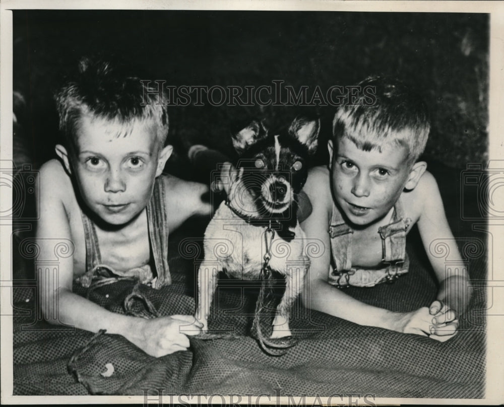 1947 Press Photo Chicago Brothers Bobby And Dale Clark On Blanket With Dog - Historic Images