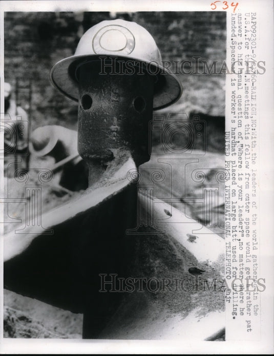 1960 Press Photo Pole and Hard Hat are Leader of Construction Crew Raleigh NC - Historic Images