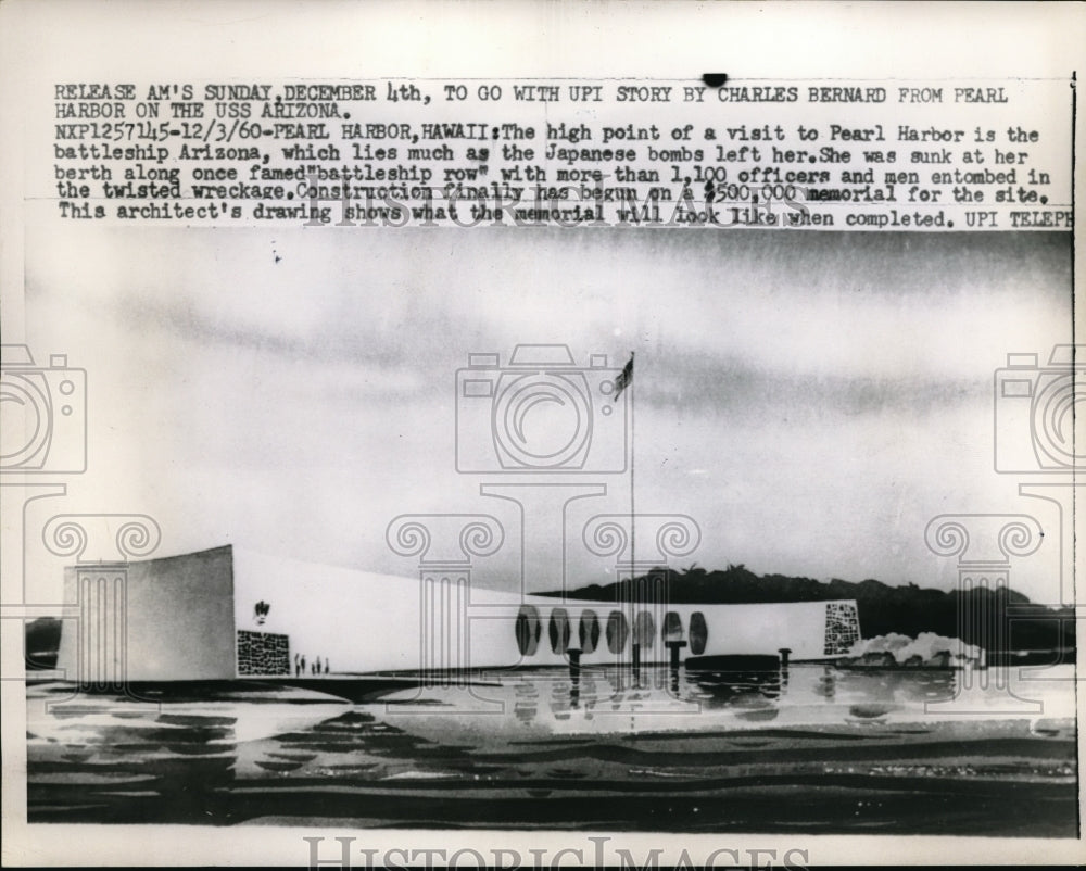 1960 Press Photo Architect&#39;s Drawing Memorial at Pearl Harbor Battleship Arizona - Historic Images