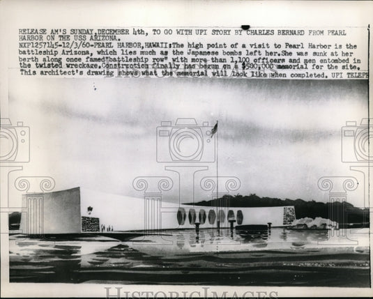1960 Press Photo Architect's Drawing Memorial at Pearl Harbor Battleship Arizona - Historic Images