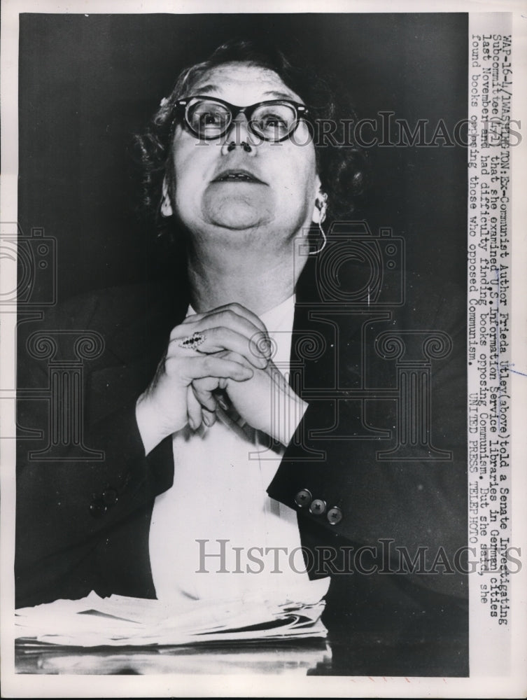 1953 Press Photo Ex-Communist Author Frieda Utley at Senate Hearing - Historic Images