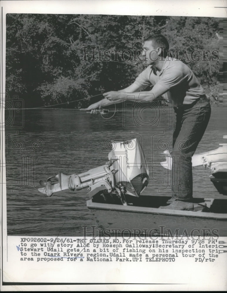 1961 Press Photo Secretary of Interior Steward Udall Fishing on Ozark Rivers - Historic Images