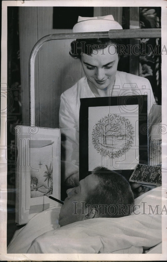 1952 Press Photo Vet's Arms and Legs Useless, Jim Wallace still an artist - Historic Images