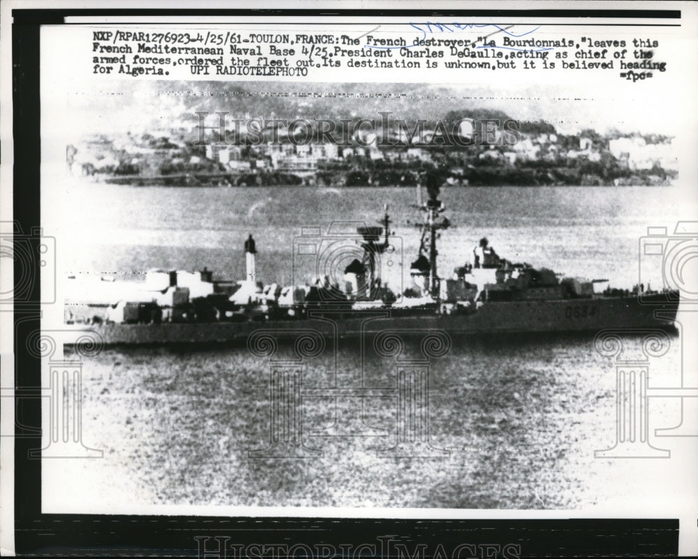 1961 Press PhotoToulon, France destroyer La Bourdonnais at naval base - Historic Images