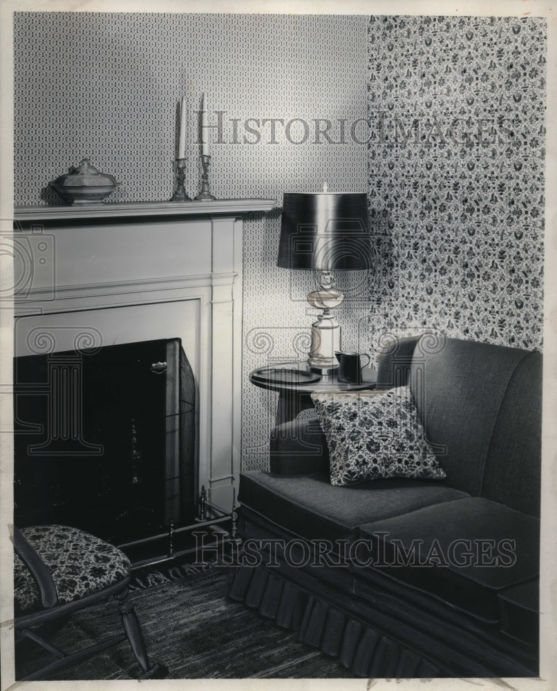 1958 Press Photo interior view of a living room and fireplace - nec64277 - Historic Images