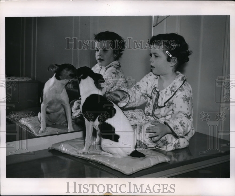 1953 Press Photo Girls Complete Toilette Julie and Trixie dog - Historic Images