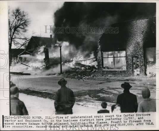 1950 Press Photo Flames destroy Carter Brothers Tractor and Equipment Co. - Historic Images