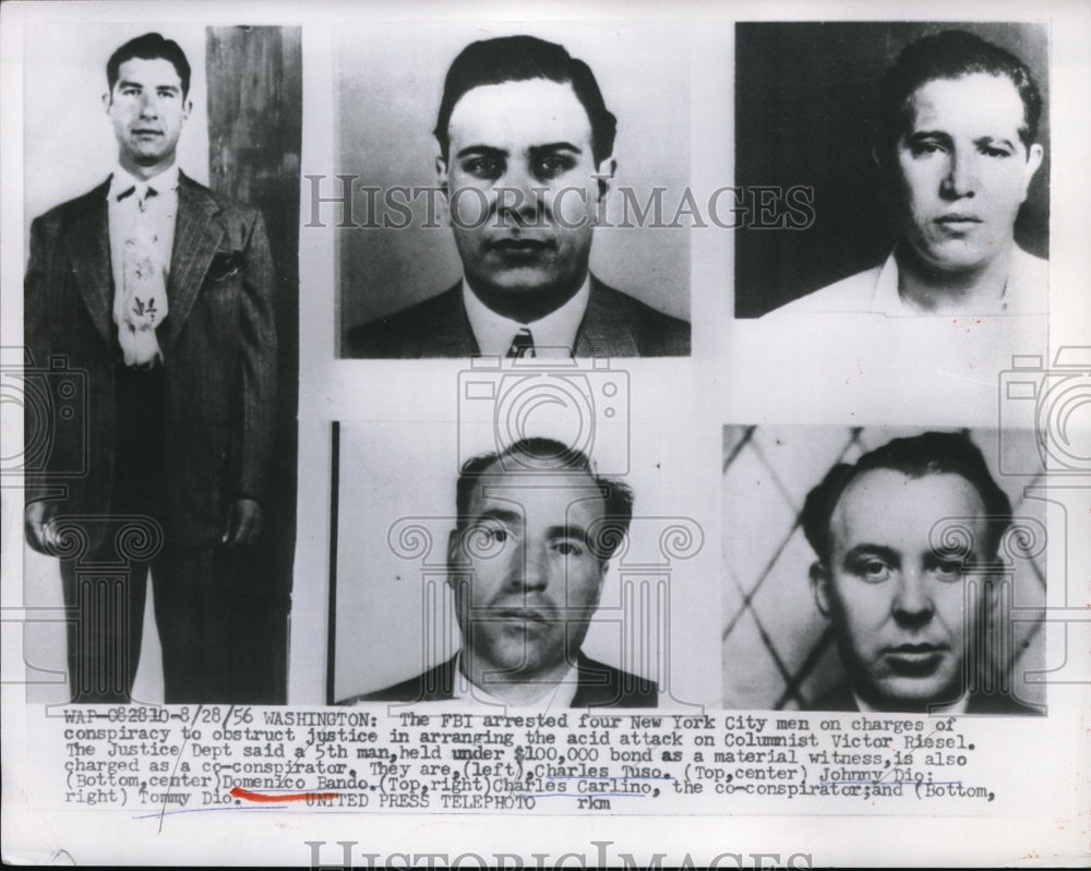 1956 Press Photo FBI Arrest, C. Tuso, Johnny &amp; Tommy Dio, D. Bando, C. Carlino, - Historic Images