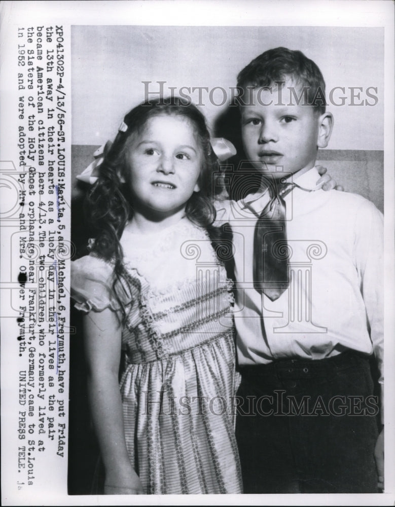 1956 Press Photo German orphans Marita &amp; Michael Freymuth become U.S. citizens - Historic Images