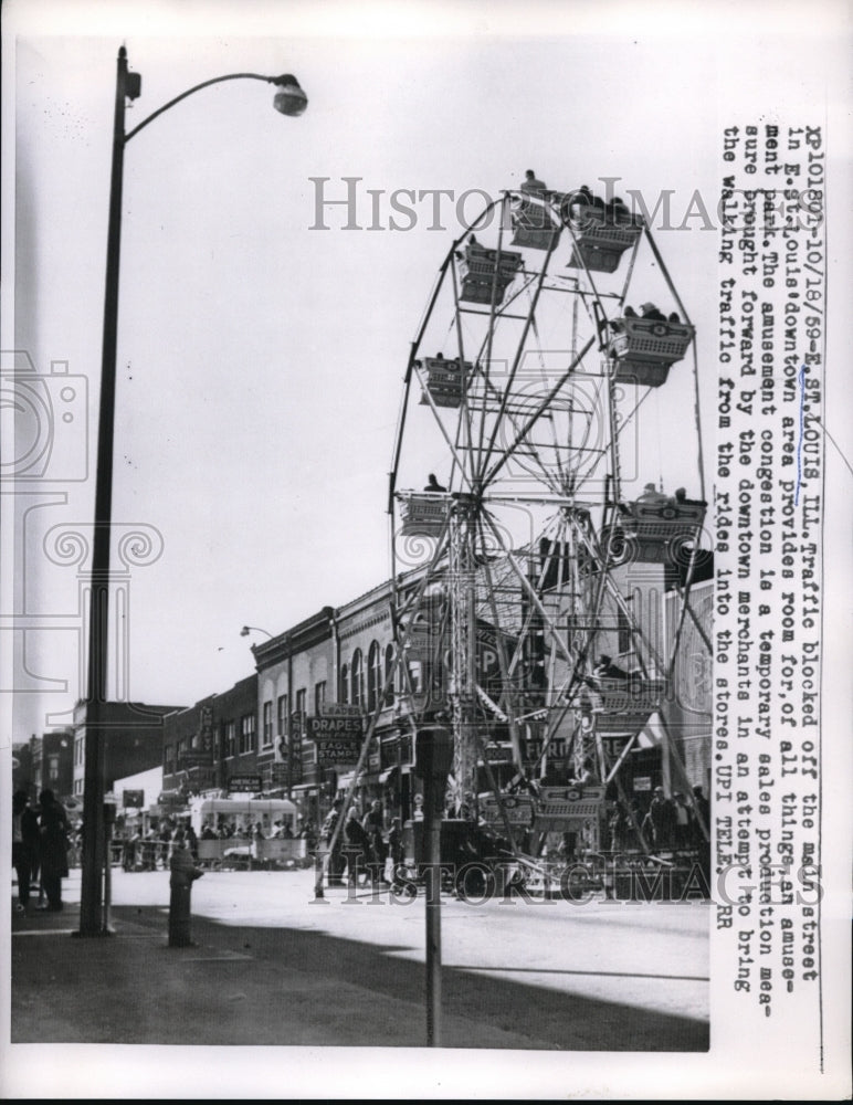 1959 Press Photo traffic blocked off Main St. in St. Louis for Fair attractions - Historic Images