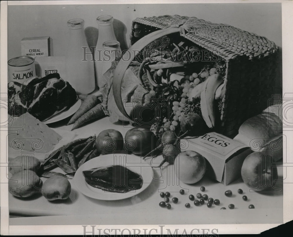 Press Photo Foods in a basket Onions Eggs, Apples Bananas, Milk Carrots - Historic Images