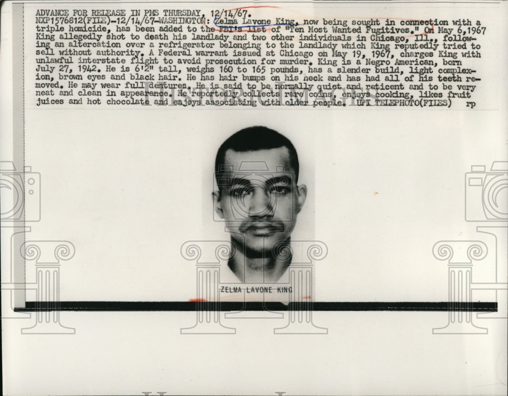 1967 Press Photo Zelam Lavone King sought in connection with a triple homicide, added to FBI&#39;s 10 mo - Historic Images