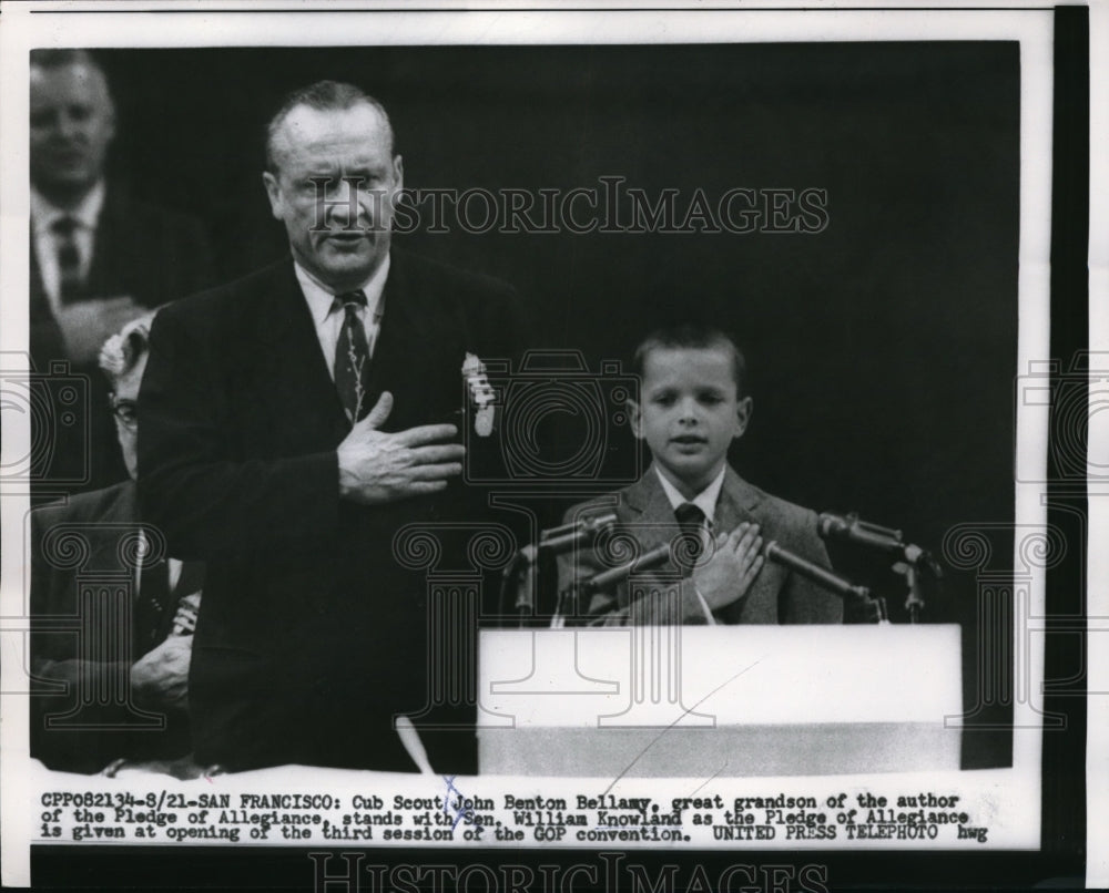 1956 Press Photo San Francisco Cub Scout John B Bellamy and Sen Wm Knowland - Historic Images