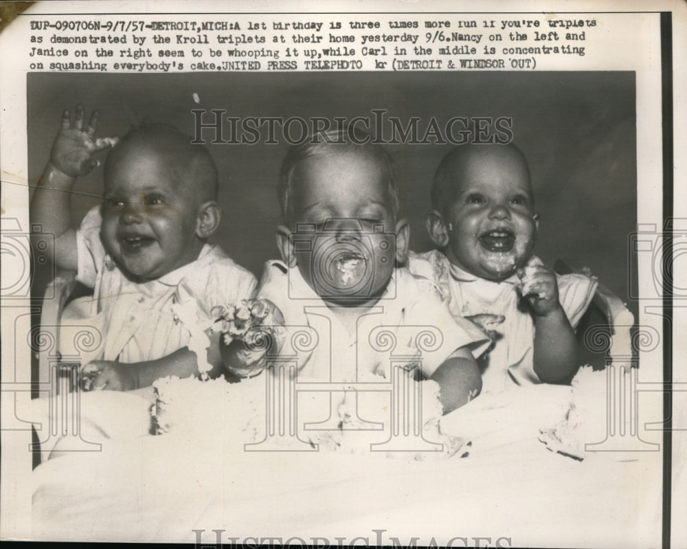 1957 Press Photo Triplets Nancy, Carl and Janice Kroll First Birthday - Historic Images