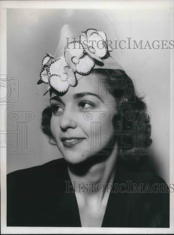 1937 Press Photo Model Wears Hat of Felt Stitched with Gold and Flowers - Historic Images