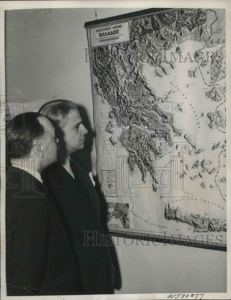 1940 Press Photo Greek Minister checks the course of Italian Invasion of Greece. - Historic Images