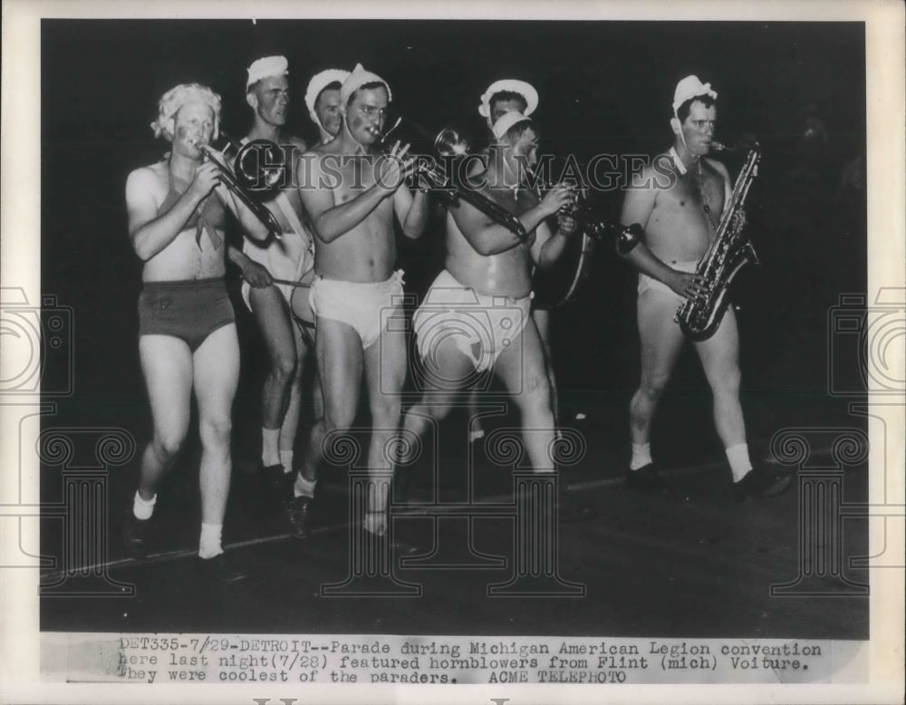 1949 Hornblowers in Parade during Mich. American Legion Convention. - Historic Images