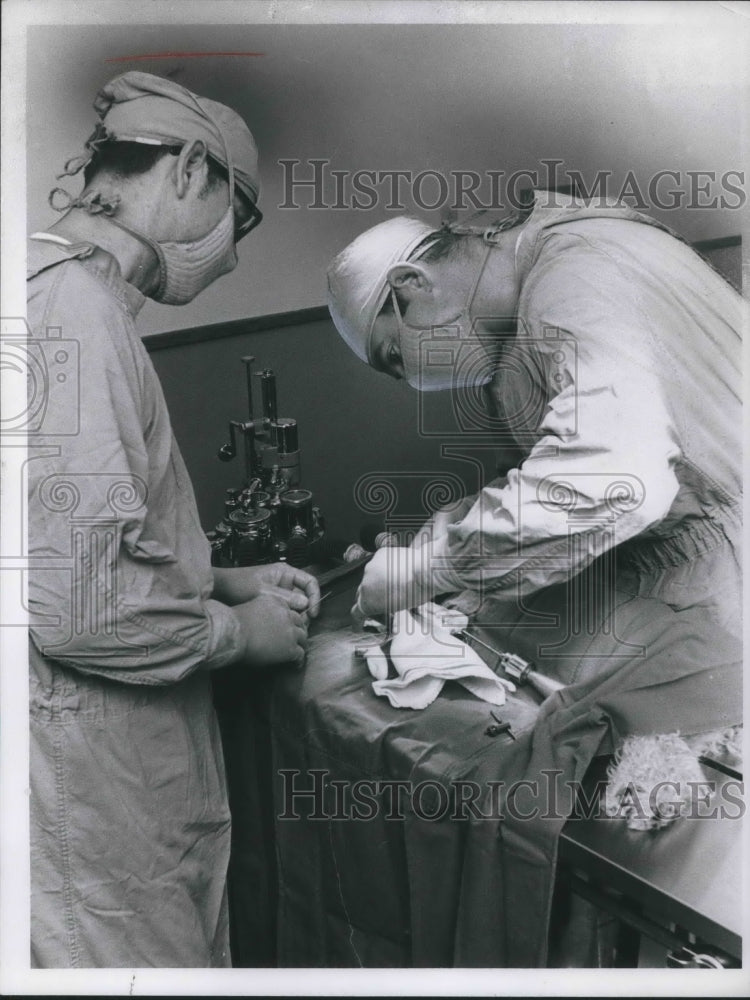 1969 Dr Fred Keller of Met Vet hospital &amp; Dr LE Green with dog - Historic Images