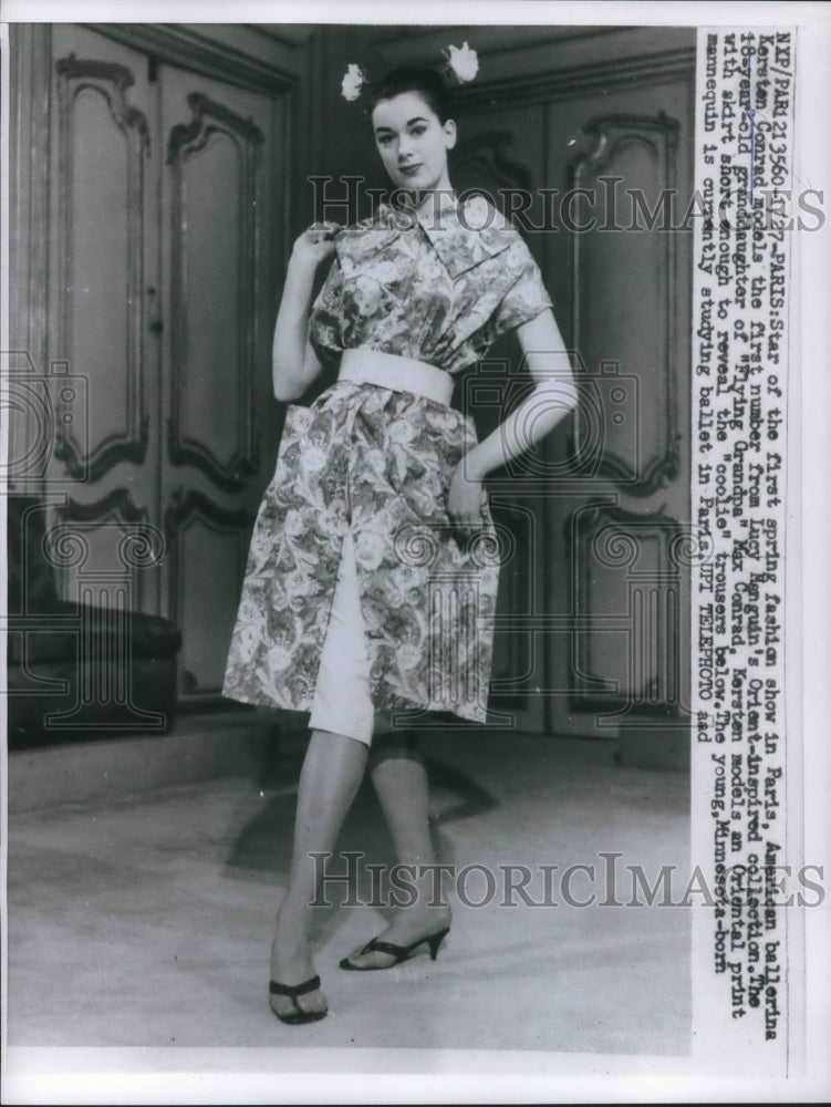 1960 Press Photo Paris France Kerstan Conrad models dress by Lucy Manguin-Historic Images