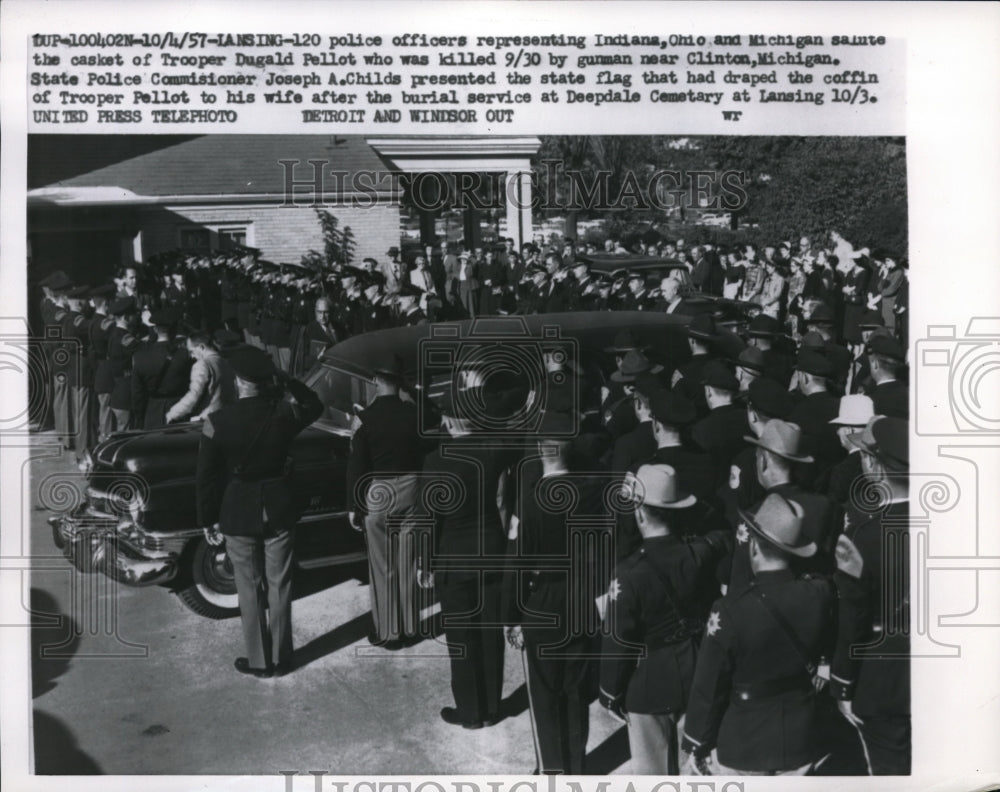 1957 Press Photo Police Officers Salute Casket of Trooper Dugald Pellott - Historic Images