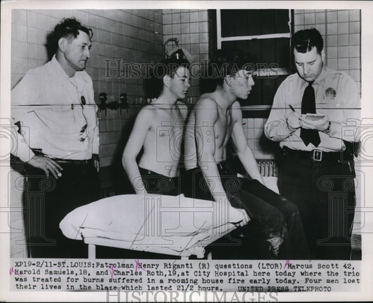 1959 Press Photo Marcus Scott, Harold Samuels, Charles Roth survive apt. fire - Historic Images