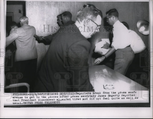 1955 Reporters rush out after hearing James Hagerty's press report - Historic Images