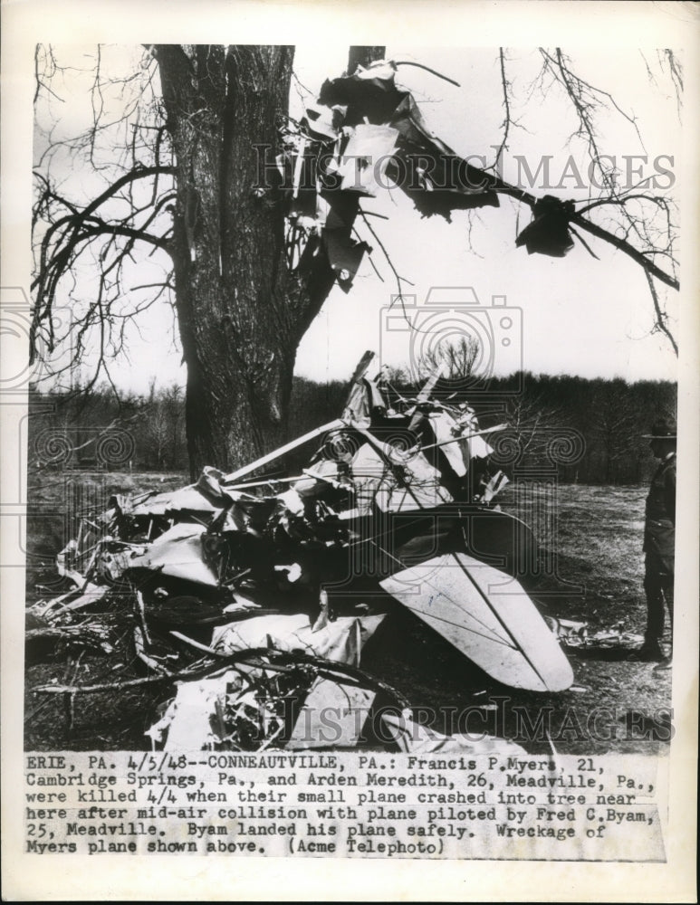 1948 Press Photo Conneautville Pa F P Myers, A Meredith killed in small plane cr - Historic Images