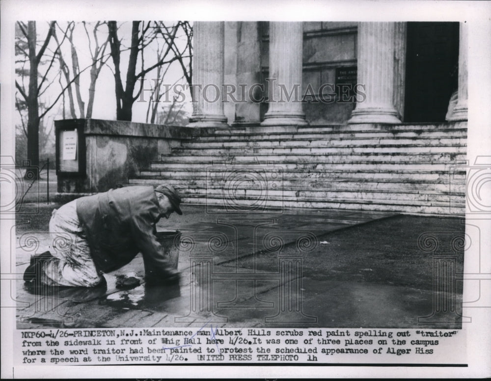 1956 Press Photo Princeton, NJmaintence man Albert Hills &amp; graffitti at Whig Hal - Historic Images