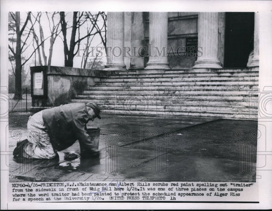 1956 Press Photo Princeton, NJmaintence man Albert Hills & graffitti at Whig Hal - Historic Images